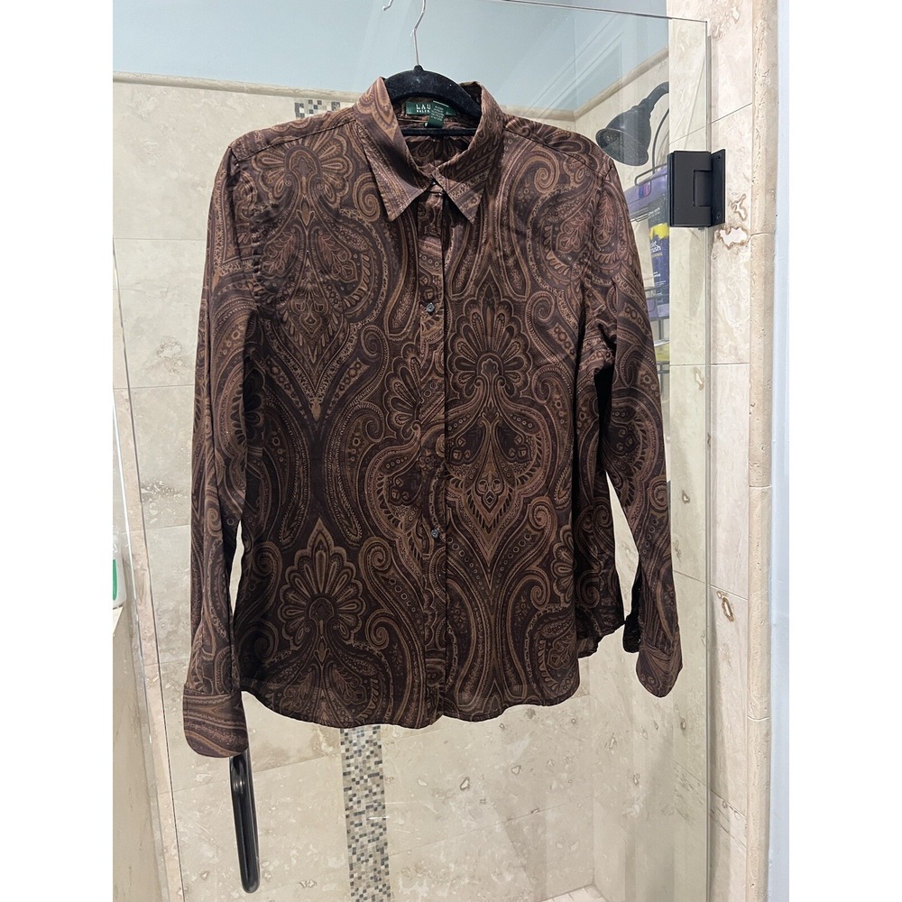 Lauren Ralph Lauren Shirt Women Large Brown Paisley Long Sleeve Button Down Boho